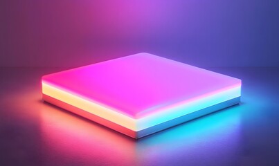 Luminous square platform with layered color lighting in a dark setting.