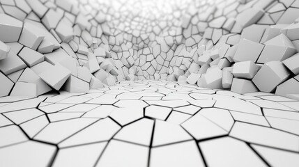 The image depicts a surreal, abstract environment filled with fragmented white cubes and angular shapes, creating a unique, textured landscape.