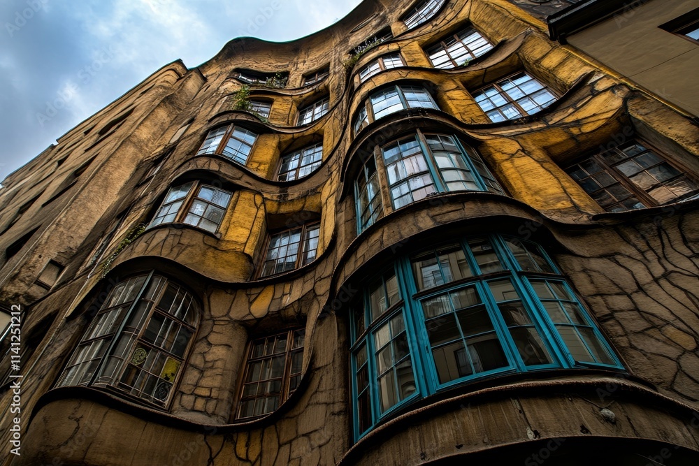 Poster unique architectural facade with curved windows and distinct yellow texture highlighting urban desig