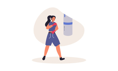 Girl boxer illustration. Woman fights boxing training vector cartoon background with aggressive female fighter