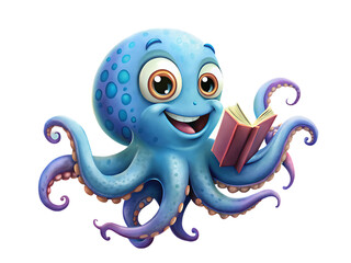 cartoon happy octopus holding book on transparent background