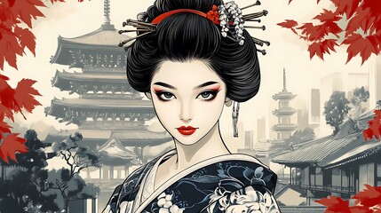 Elegant Asian Woman in Traditional Attire with Autumn Leaves Background