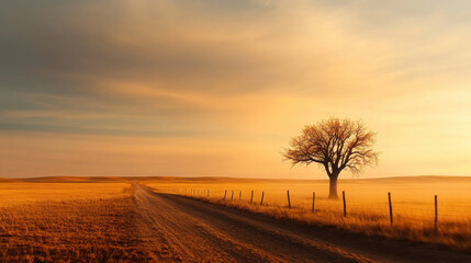 serene landscape featuring solitary tree beside dirt road at sunset, with golden fields stretching into distance