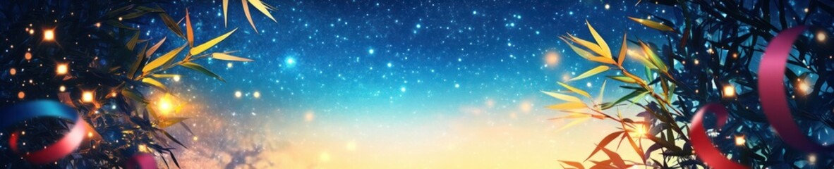 Starry Night Sky with Bamboo Decorations and Colorful Ribbons Illustration