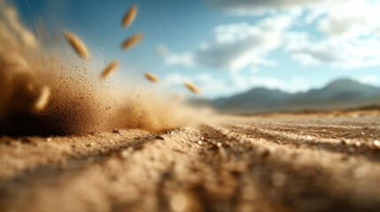 dry dusty landscape with swirling dust and tumbleweeds blowing in wind evokes sense of desolation and beauty