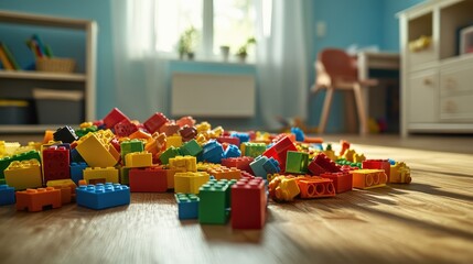 A pile of colorful plastic building blocks scattered on a playroom floor.
