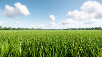 Fototapeta premium Lush green grass field under a bright blue sky with clouds.