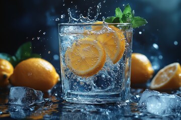 Lemonade Splash with Ice Cubes in Glass Captured in Vibrant Motion and Refreshing Detail