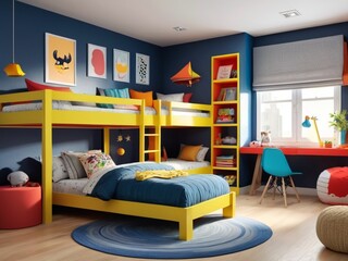 children's bedroom vith vibrant decor, bunk beds, and playful themes