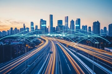 Obraz premium Urban Skyline at Dusk with Highways and Light Trails Under a Network Connection Concept, Illustrating Smart City Technology and Innovation in Urban Infrastructure
