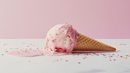 A pink ice cream cone melting slightly on a white table with sprinkles scattered around.