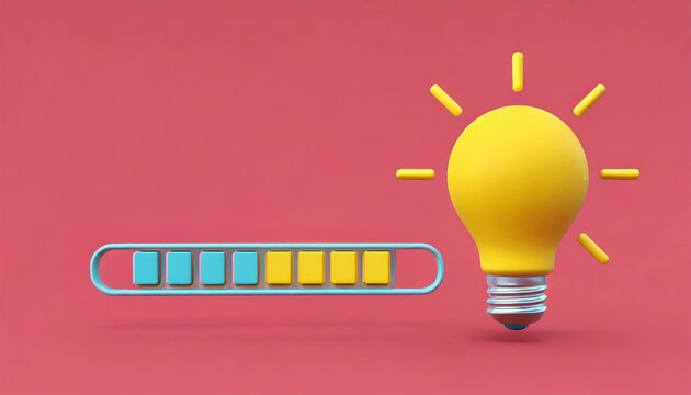 A vibrant illustration featuring a yellow light bulb and a colorful progress bar against a pink background, symbolizing ideas and progress.