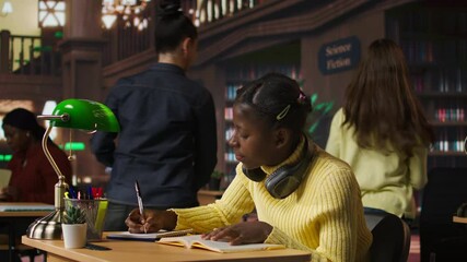 Young focused scholar doing her homework at a library desk after classes, engrossed in literature and notes. Pupil completing her notes in the copybook, productive study sessions. Camera A. - Powered by Adobe
