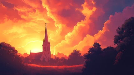 Fototapeta premium A serene church spire reaching towards a vibrant sunrise, illuminating the sky with warm colors and creating a peaceful atmosphere. Spire. Illustration