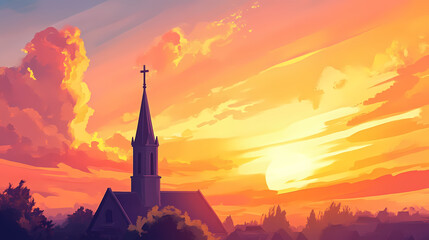 Fototapeta premium A serene church spire reaching towards a vibrant sunrise, illuminating the sky with warm colors and creating a peaceful atmosphere. Spire. Illustration
