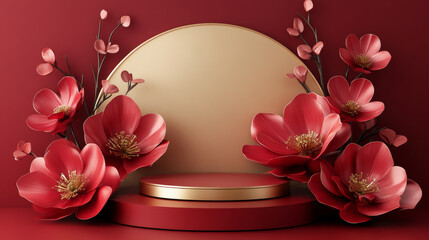 Red background flower e-commerce product exhibition booth