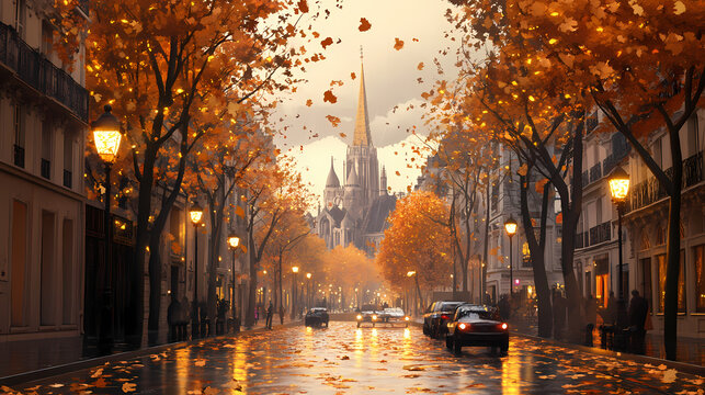 A serene autumn street in paris, framed by golden trees and warm street lights. the spire of a church rises in the background as orange leaves drift in the air. Spire. Illustration
