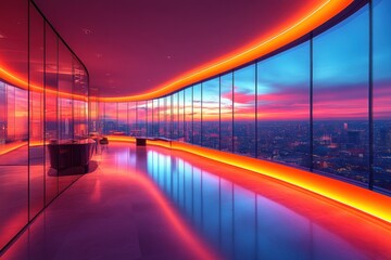 Fototapeta premium Futuristic Corporate Workspace with Panoramic Windows and Glass Steel Design in Spacious Bright Hall