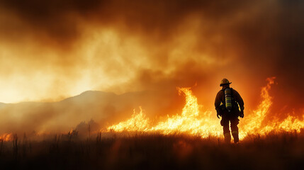 Fototapeta premium lone firefighter battling raging wildfire, showcasing bravery and determination in dramatic scene
