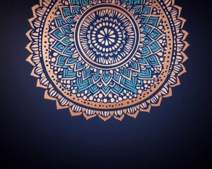 Obraz premium A beautifully designed mandala with intricate patterns in blue and gold against a dark background, symbolizing harmony and balance.