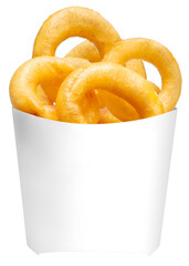 Onion ring paper bucket isolated on white, Deep fried Onions isolated on white background PNG file.