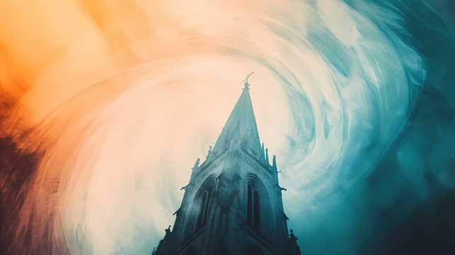 Abstract double exposure of church spire and misty swirls creating a mystical and ethereal atmosphere. Spire. Illustration