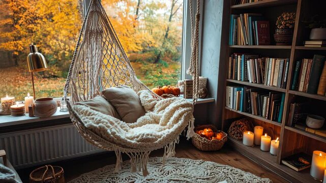 A cozy reading nook with a macrame hanging chair, a bookshelf full of books with autumn forest view outside window 