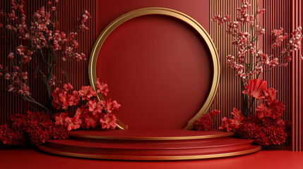 Red background flower e-commerce product exhibition booth