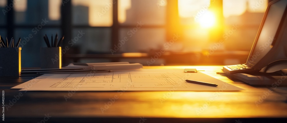 Poster sleek engineering workstation with a drafting table, rulers, and technical blueprints illuminated by