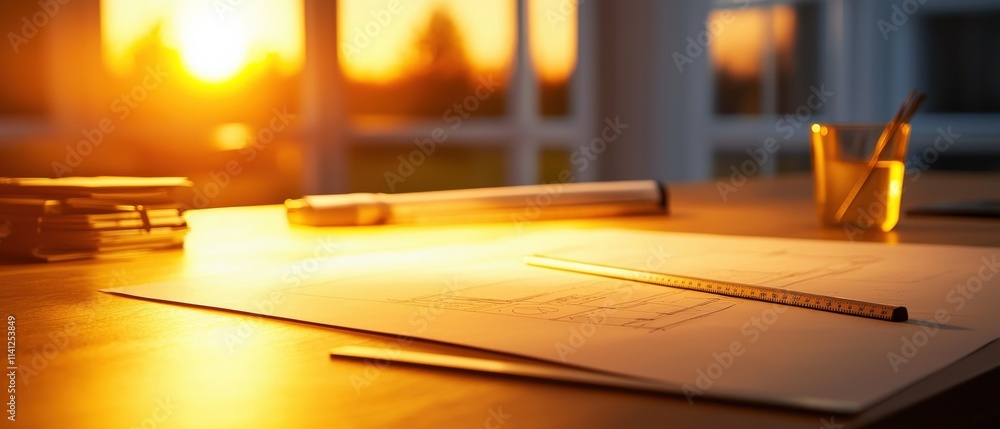 Poster sleek engineering workstation with a drafting table, rulers, and technical blueprints illuminated by