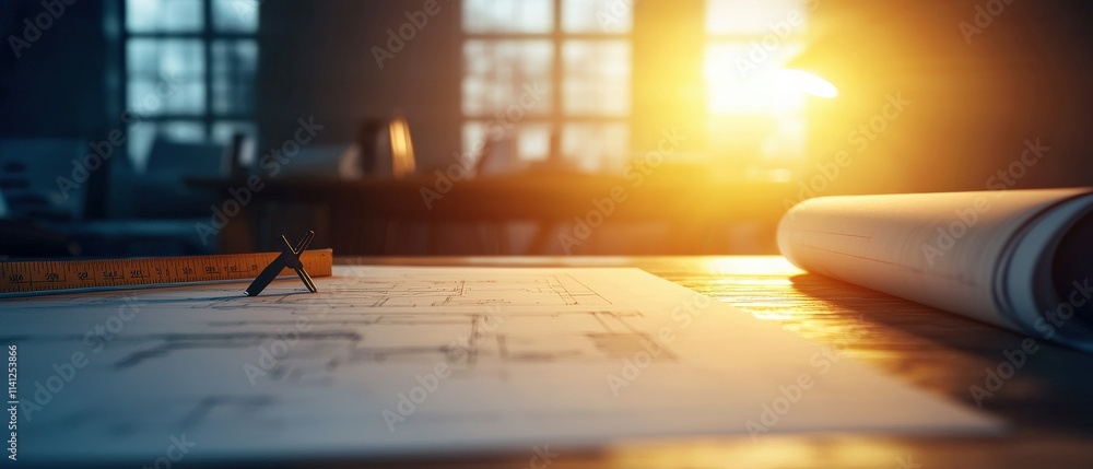 Poster sleek engineering workstation with a drafting table, rulers, and technical blueprints illuminated by