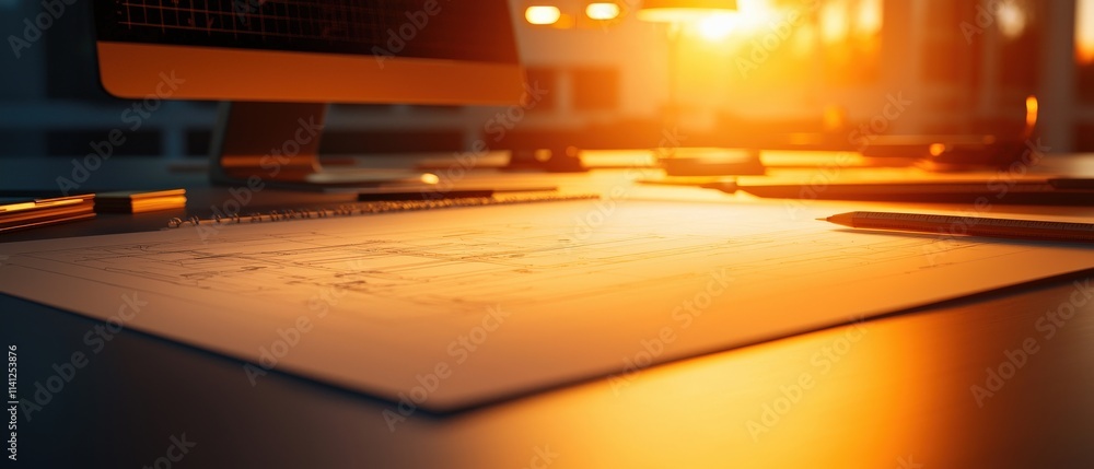 Poster sleek engineering workstation with a drafting table, rulers, and technical blueprints illuminated by