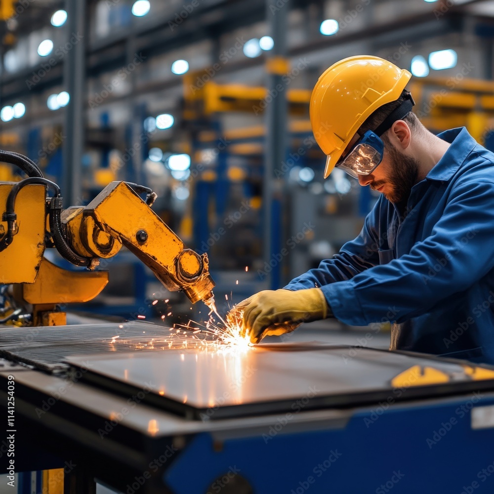 Poster A man in a yellow helmet is working on a machine in a factory