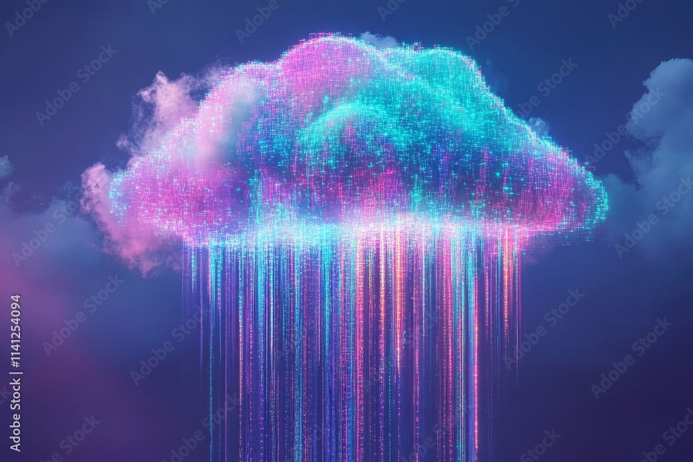 Poster vibrant digital cloud with cascading colorful light streams and a mystical atmosphere perfect for il