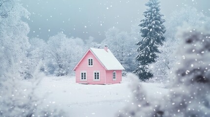 Fototapeta premium A small pink cabin surrounded by a snowy forest, creating a cozy winter vibe.