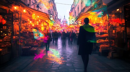 Obraz premium Woman walking through vibrant, bustling night market street.