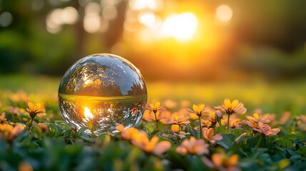 crystal ball resting on a patch of green grass. The ball is reflecting the surrounding environment, including a blurred figure walking in the background