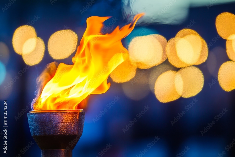 Poster vibrant flame dancing in a torch with out-of-focus circular lights in the background creating a capt