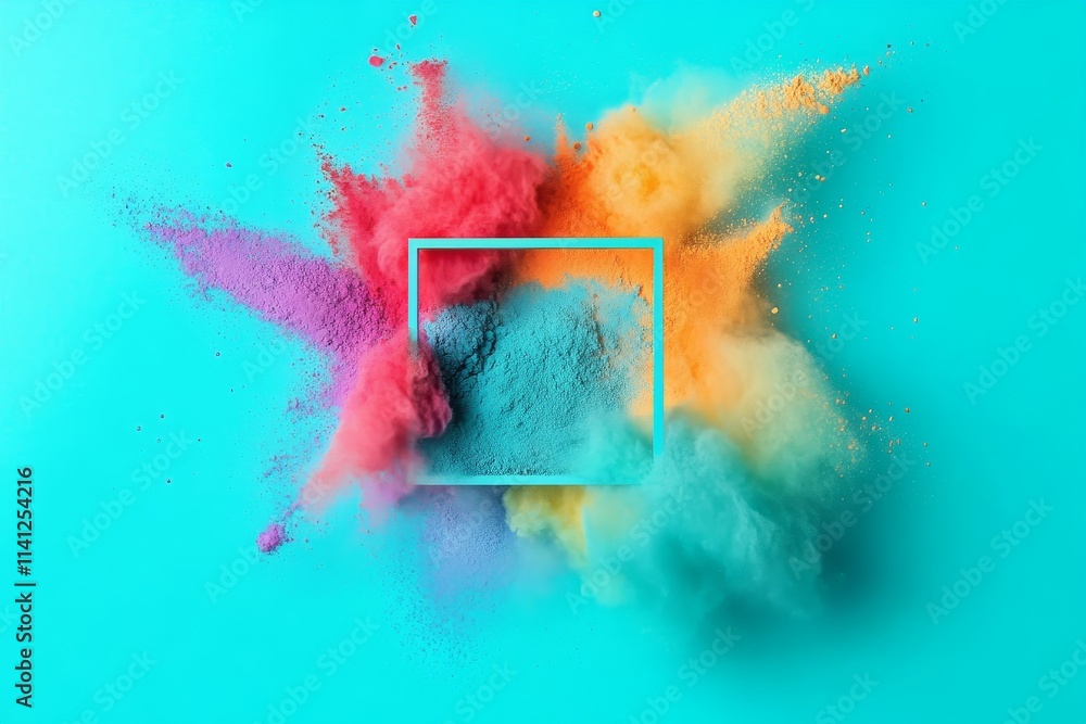 Aufkleber vibrant explosion of colorful powder on teal background in an artistic abstract composition framed w