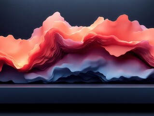 The image showcases a stylized, abstract representation of layered mountains, featuring soft gradients of peach, orange, and purple hues against a dark background.