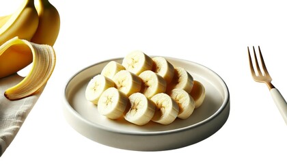 Sliced Bananas on Plate with Fork  Healthy Fruit Snack  Breakfast  Diet Food