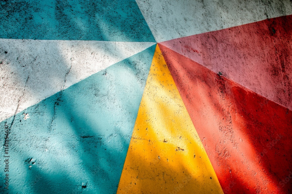 Poster vibrant geometric design with triangular shapes and colorful textures, capturing the essence of mode
