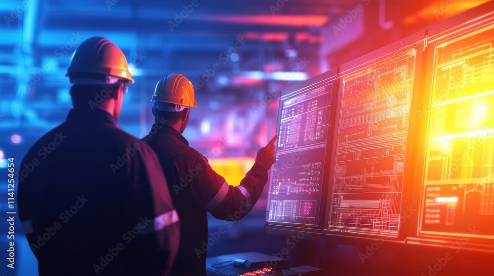 Poster Engineers analyzing power grid efficiency on a futuristic dashboard in a smart grid control room