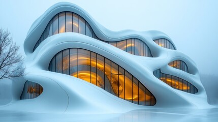 A futuristic, organic-shaped building with large windows and warm interior lighting in a misty setting.