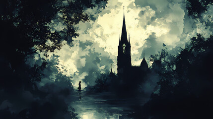 A dramatic silhouette of a church spire against an atmospheric moody sky, evoking a sense of mystery and reflection. Spire. Illustration