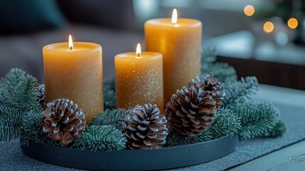 Three warm, golden candles, adorned with pine cones and faux greenery, on a dark tray, create a cozy winter ambiance.