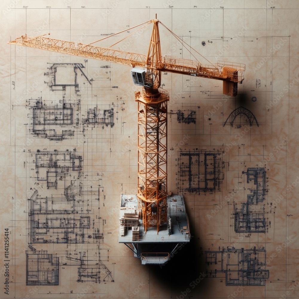 Poster a crane is sitting on top of a drawing of a building