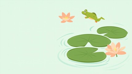A vibrant frog leaps over green lily pads in a serene pond, surrounded by blooming flowers.