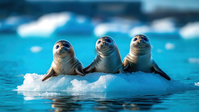 Climate change, wildlife crisis. Three seals resting on an iceberg in vibrant blue water.
