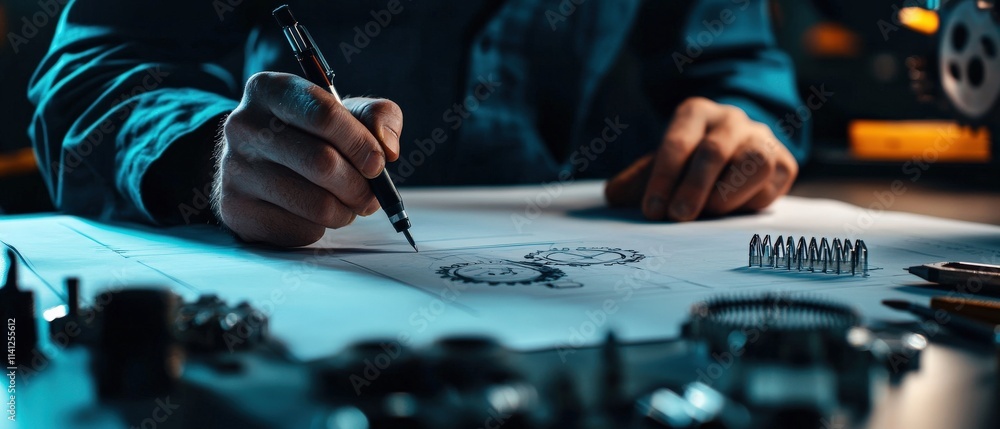 Aufkleber An engineer sketching a gear mechanism blueprint on a drafting table with precision tools neatly arranged